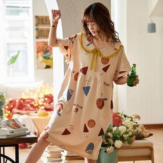 Printed Collared Bell-sleeve Sleep Dress
