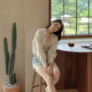 Bishop-sleeve Linen Crop Shirt