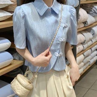 Elbow-sleeve Collar Frog-button Blouse