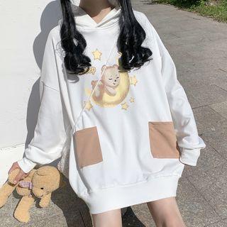 Long-sleeve Bear Printed Fleece-lined Hoodie