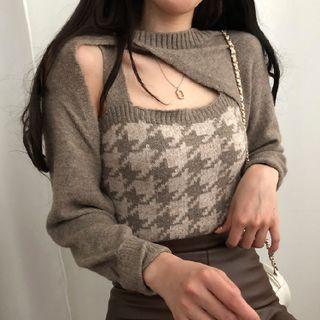 Set: Long-sleeve Asymmetrical Hem Knit Shrug + Houndstooth Camisole Top