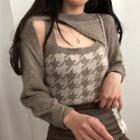 Set: Long-sleeve Asymmetrical Hem Knit Shrug + Houndstooth Camisole Top