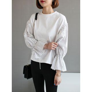 Stripe-sleeve Tie-cuff Top
