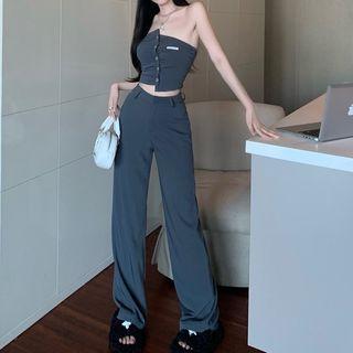 Asymmetrical Button-up Bandeau / High-waist Wide-leg Pants
