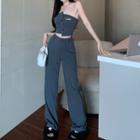 Asymmetrical Button-up Bandeau / High-waist Wide-leg Pants