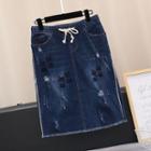 Swan Embroidered Ripped Denim Skirt
