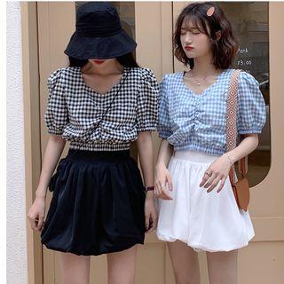 Puff-sleeve Crinkled Gingham Cropped Top / Wide-leg Shorts