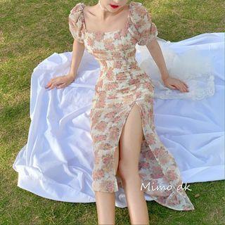 Floral Puff-sleeve Side-slit Dress