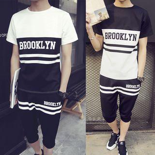 Set: Lettering T-shirt + Striped Cropped Pants