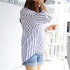Tab-sleeve Perforated-trim Striped Shirt