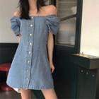 Off-shoulder Puff-sleeve Mini A-line Denim Dress