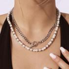 Set: Chain Necklace + Faux Pearl Necklace Set Of 2 - 3434 - Silver & White - One Size