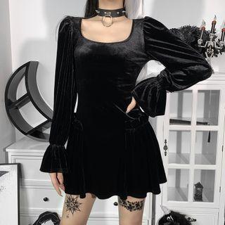 Long-sleeve Scoop-neck Velvet Mini A-line Dress