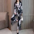 Set: Floral Print Blazer + Wide-leg Dress Pants