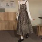 Set: Long-sleeve Top + Floral Print Midi A-line Overall Dress
