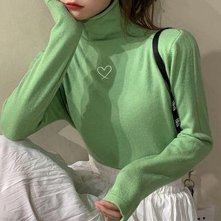 Mock-turtleneck Heart Embroidered Long-sleeve T-shirt