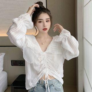 Long-sleeve Drawcord Frill Trim V-neck Top