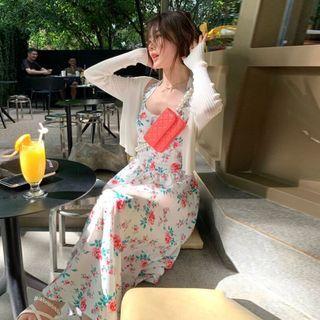 Floral Print Halter Dress + Cropped Light Cardigan