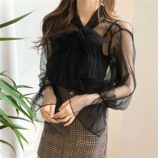 Set: Long-sleeve Tie-neck Sheer Top + Camisole