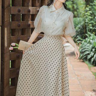 Set: Short-sleeve Collared Floral Blouse + Dotted Midi A-line Skirt