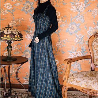 Set: Mock Neck Sweater + Plaid Strappy Maxi Dress