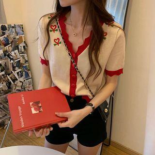 Short-sleeve Contrast Trim Cropped Cardigan Red & Green & White - One Size