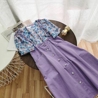 Set: Floral Short-sleeve Top + Strappy Midi A-line Dress