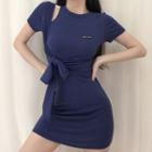 Mock Two-piece Short-sleeve Tie-front Mini Bodycon Dress