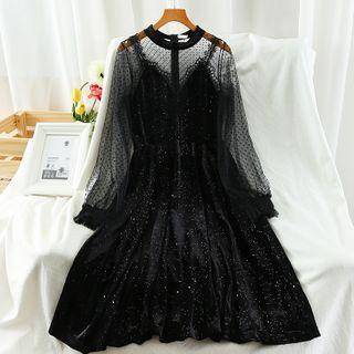 Mesh Panel Glitter Long-sleeve Midi A-line Dress