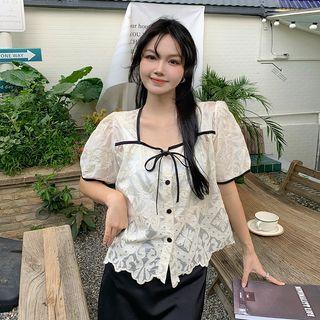 Short-sleeve Square-neck Lace Blouse Almond - One Size