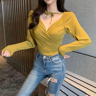 Long-sleeve Tie Neck Crisscross Top