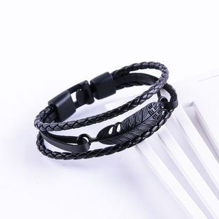 Feather Braided Leather Layered Bracelet
