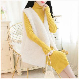 Set: Turtleneck Long-sleeve Midi Knit Dress + Faux Shearling Open Front Vest