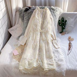 Lantern-sleeve Mini Knit Dress / Buttoned Lace Long Vest