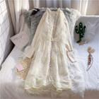 Lantern-sleeve Mini Knit Dress / Buttoned Lace Long Vest