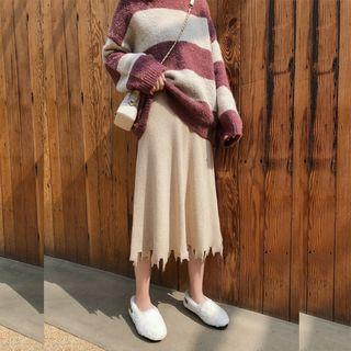 Irregular Hem Midi Knit A-line Skirt