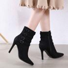 Buckled Faux Leather Pointed High-heel Ankle Boots