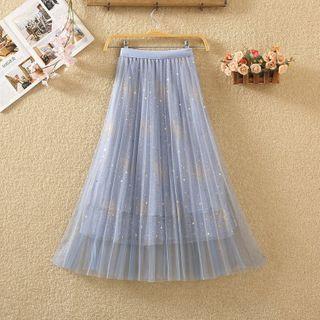 Glitter Midi A-line Mesh Skirt Blue - One Size