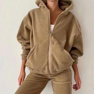 Set: Plain Zip-up Front Pocket Hoodie + Sweatpants