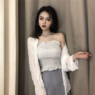 Plaid Tube Top/ruffle Trim Cardigan