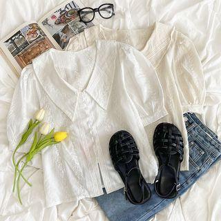 Puff-sleeve Embroidered Plain Shirt