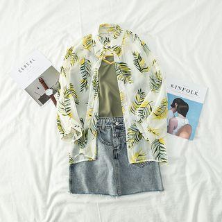 Leaf Print Long-sleeve Chiffon Shirt Green - One Size
