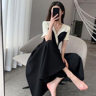 Short-sleeve Color Panel Chiffon Dress