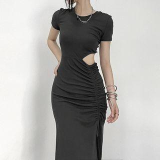 Short-sleeve Cutout-waist Slit Drawstring Midi Bodycon Dress