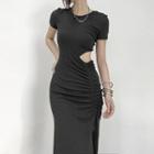 Short-sleeve Cutout-waist Slit Drawstring Midi Bodycon Dress