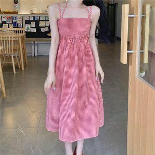 Halter-neck Plaid Dress Red Plaid - One Size