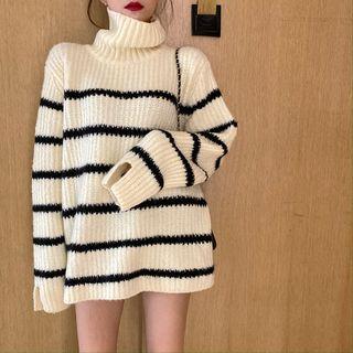 Turtle-neck Striped Sweater White - One Size