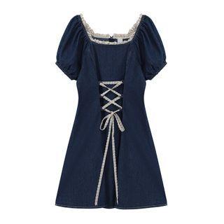 Short-sleeve Lace Trim Denim Mini Dress