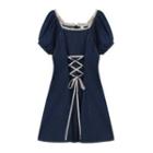 Short-sleeve Lace Trim Denim Mini Dress