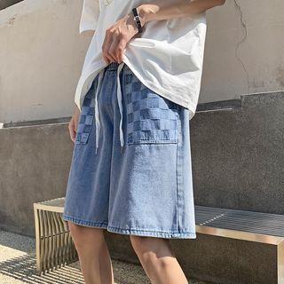 Drawstring Check Panel Denim Shorts